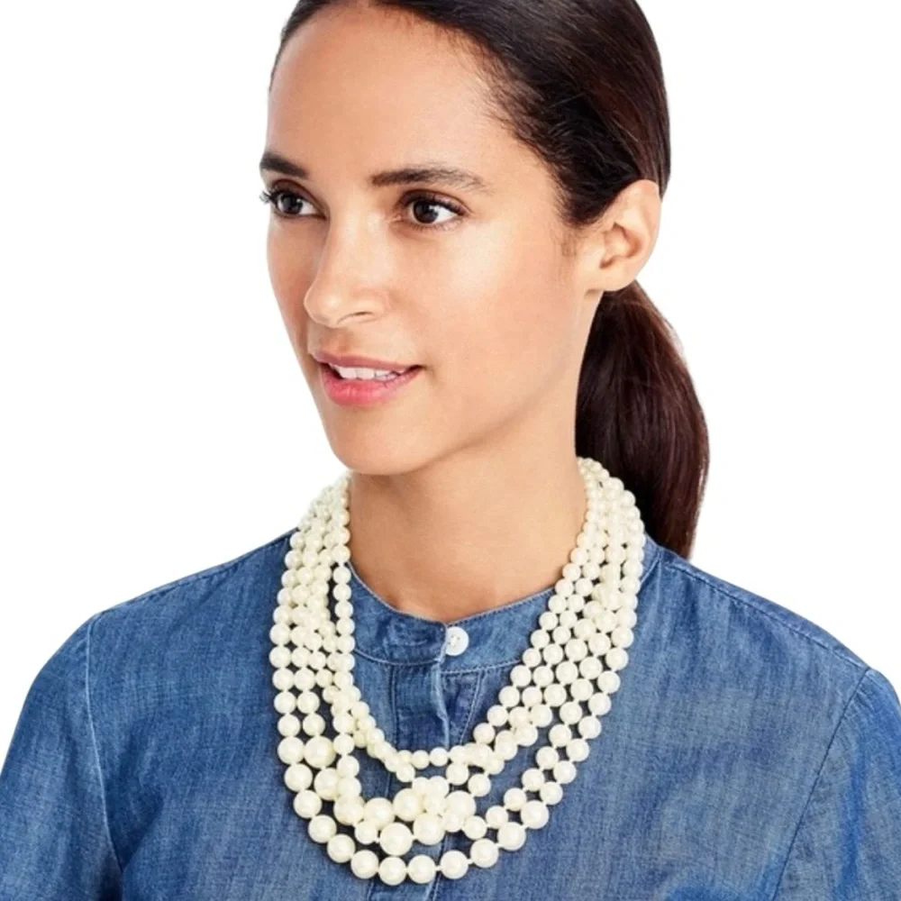 J. Crew Classic Cream Beaded faux pearl layered 5 multi strand Necklace marked - Picture 1 of 11